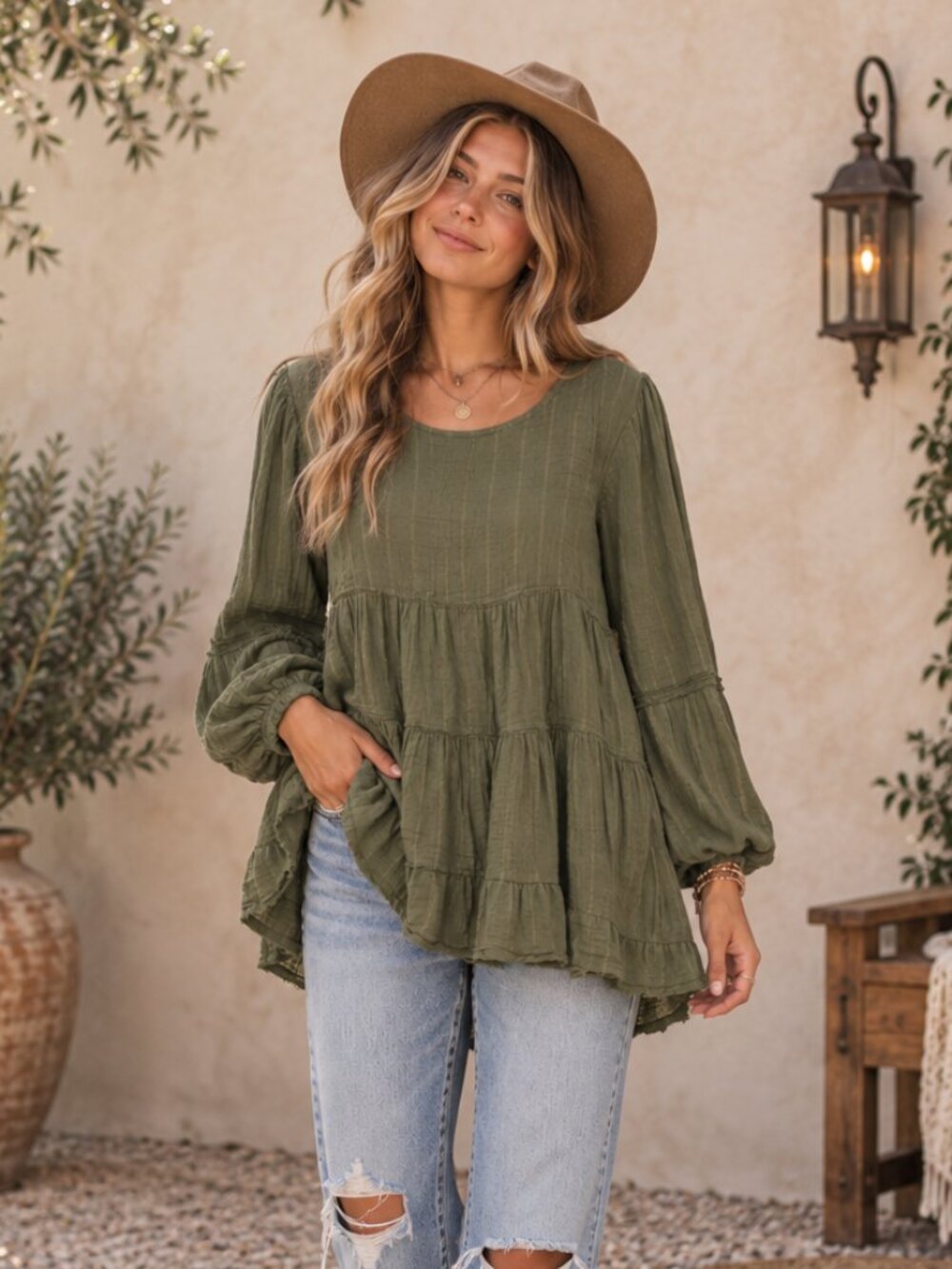 American Eagle Olive Green Boho Tiered Peasant Top